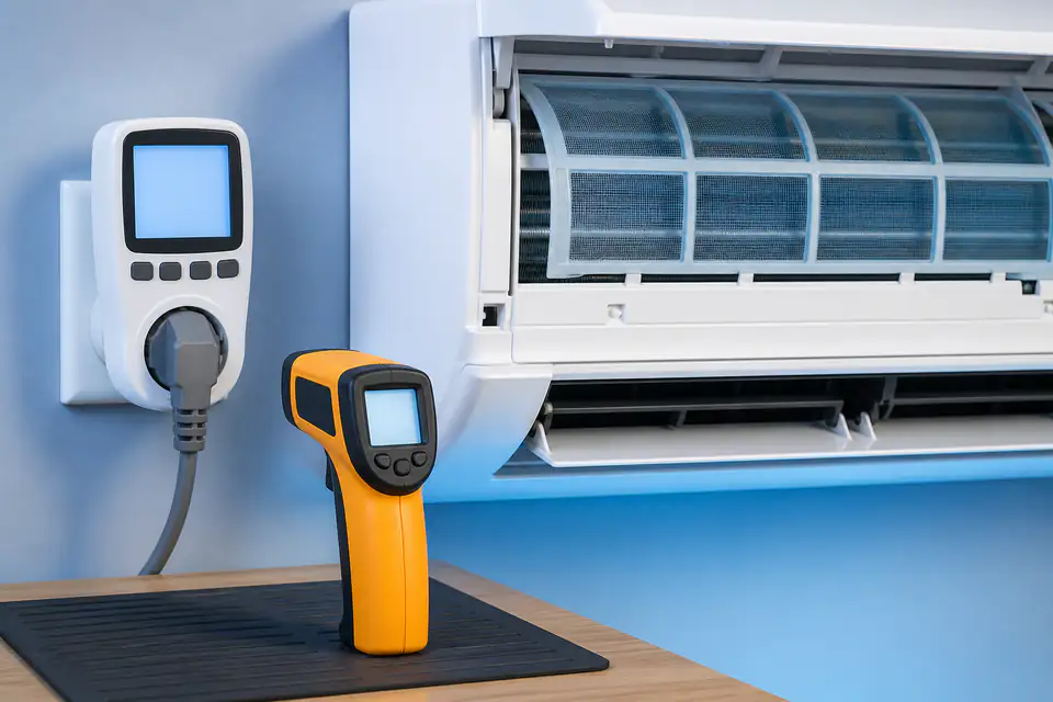 Air conditioner beside a blank energy meter and infrared thermometer