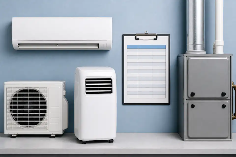 Air-conditioning and heating equipment beside a reference clipboard