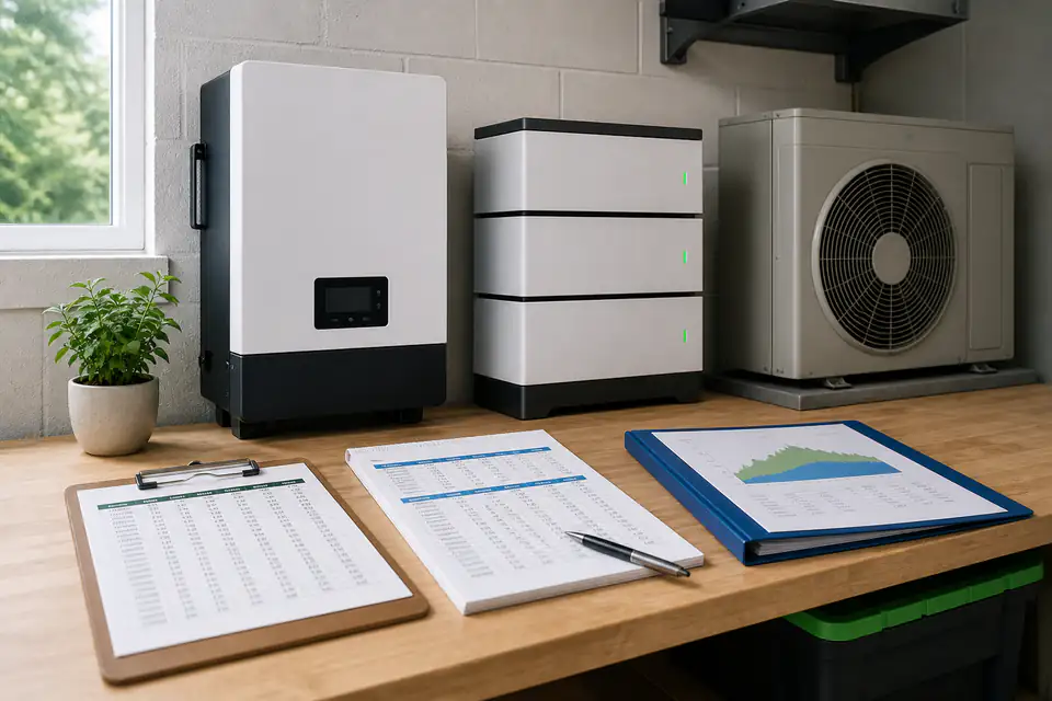 Solar inverter and battery beside an HVAC load-planning sheet