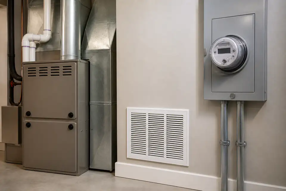 Furnace heat register and electrical power meter in a utility room