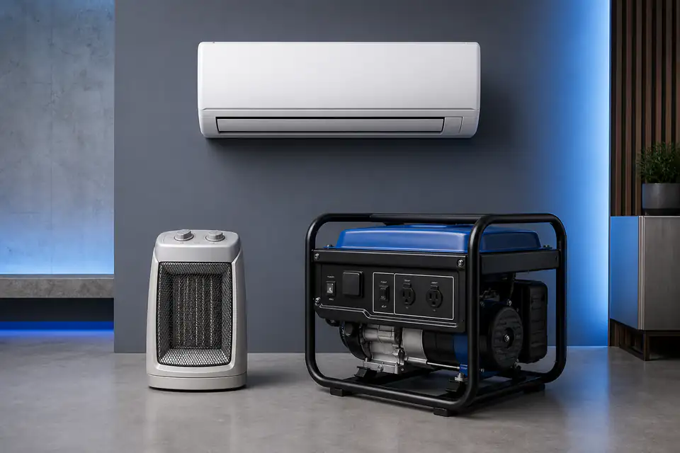 Air conditioner, electric heater, and portable generator in a technical showroom