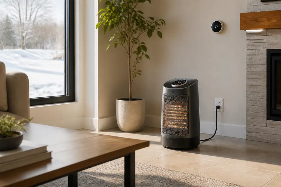Portable electric space heater safely positioned on a tiled floor