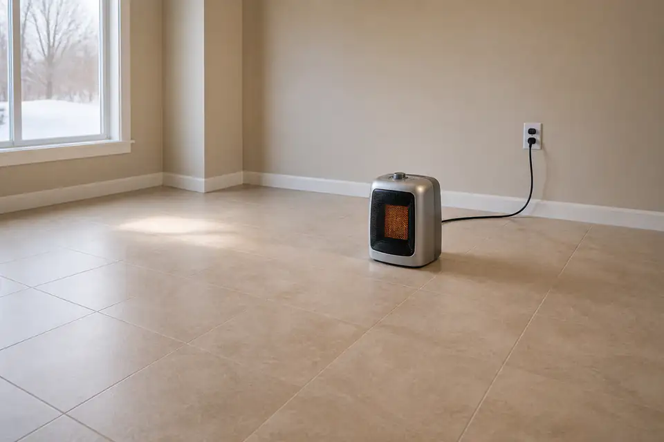 Portable space heater on bare tile with a wide clear area around it