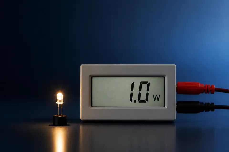 Small LED lamp beside a precision meter reading one watt