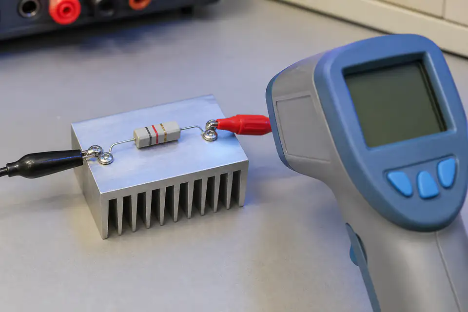 Low-power resistor on a heat sink beside an infrared thermometer