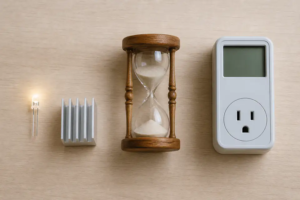 Tiny LED, heat sink, hourglass, and blank energy meter
