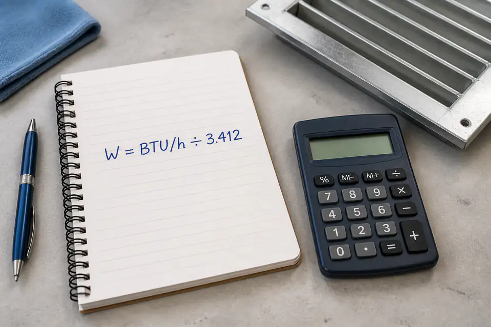 HVAC conversion formula beside a calculator on a technician's workbench