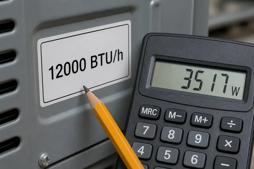 HVAC rating plate and calculator comparing 12,000 BTU per hour with watts