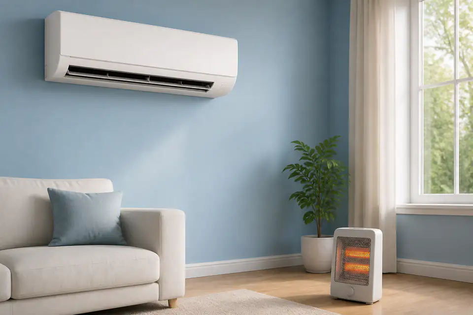 Wall-mounted air conditioner and portable electric heater in a modern room
