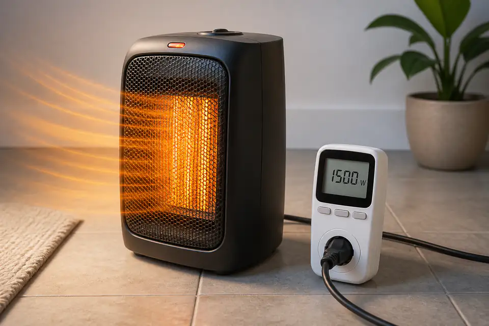 Portable 1,500-watt electric space heater with a power meter