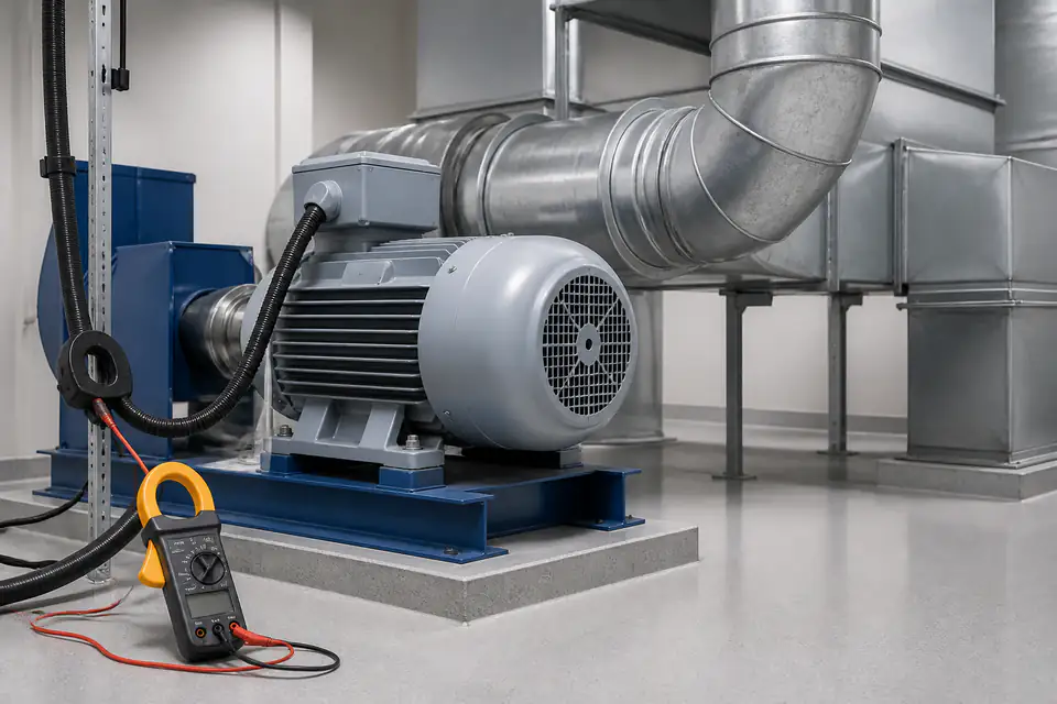 Industrial electric motor beside ventilation ductwork and a clamp meter